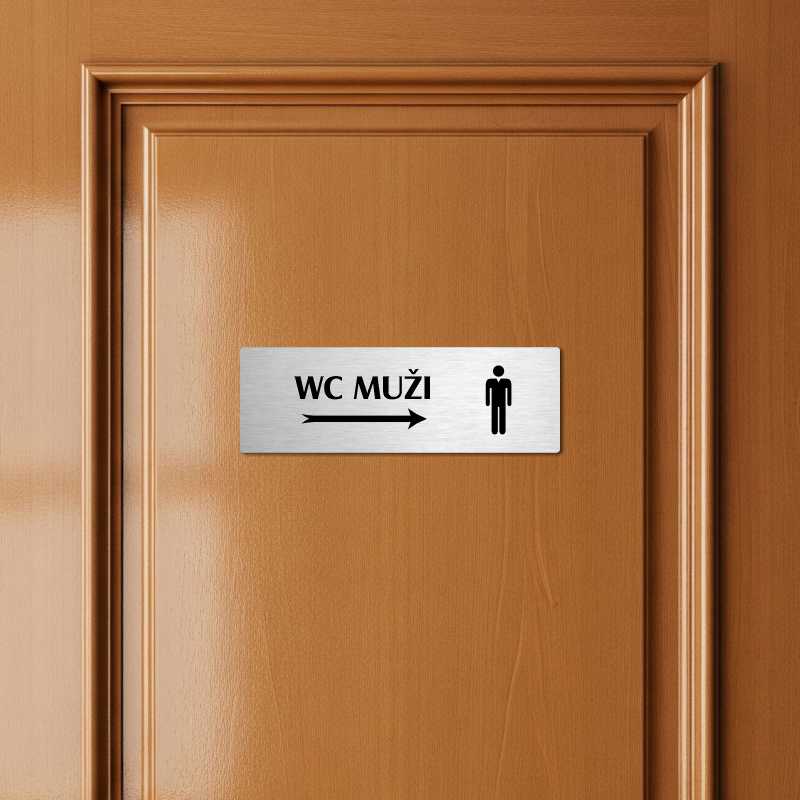 WC muži vpravo, 200x66mm, stříbrná popiska s okrasným rámečkem  